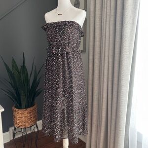 Sadie & Sage Black Floral Boho Cottagecore Strapless Midi Dress Size Small